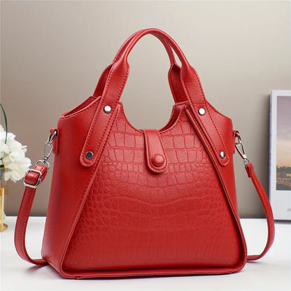 Women's Crocodile Pattern Shoulder Bag - Casual style faux leather handbag with zipper closure, polyester lining, adjustable strap, and elegant carry design