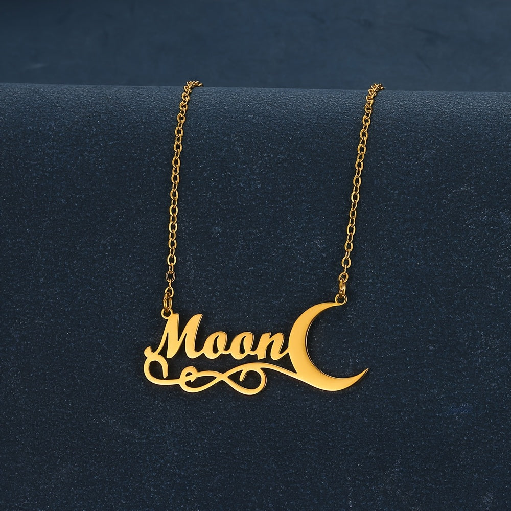 Stylish Personalized Moon & Leaf Name Pendant Necklace - Made of Stainless Steel, Vintage-Inspired Letter Jewelry for Women - Ideal for Everyday Wear, Customizable, Engraved Plaque