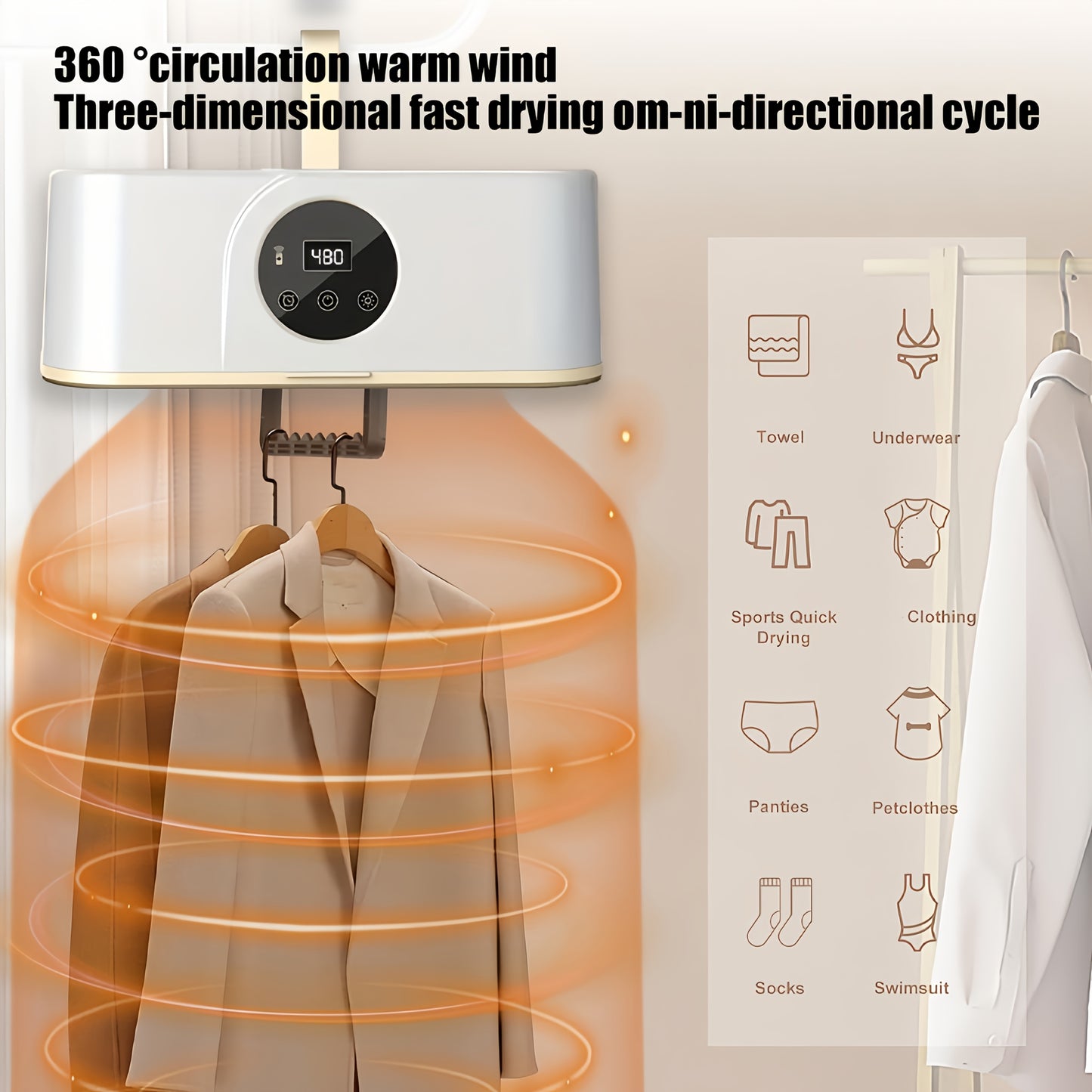 550W Plug-in Folding Clothes Dryer with simulated sunlight, smart touch screen, fast drying, dual mode, easy operation, space-saving design. Ideal for autumn, winter, and humid seasons.