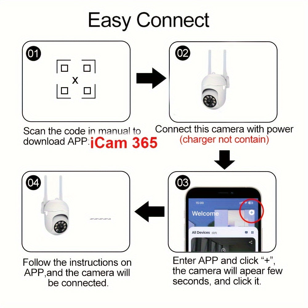 The 1080P Wireless Smart PTZ Camera features 2.4G WiFi connectivity, full color night vision, two-way audio, motion detection, and storage options including cloud and SD card. Ideal for home, office, and pet monitoring, this camera is not compatible with