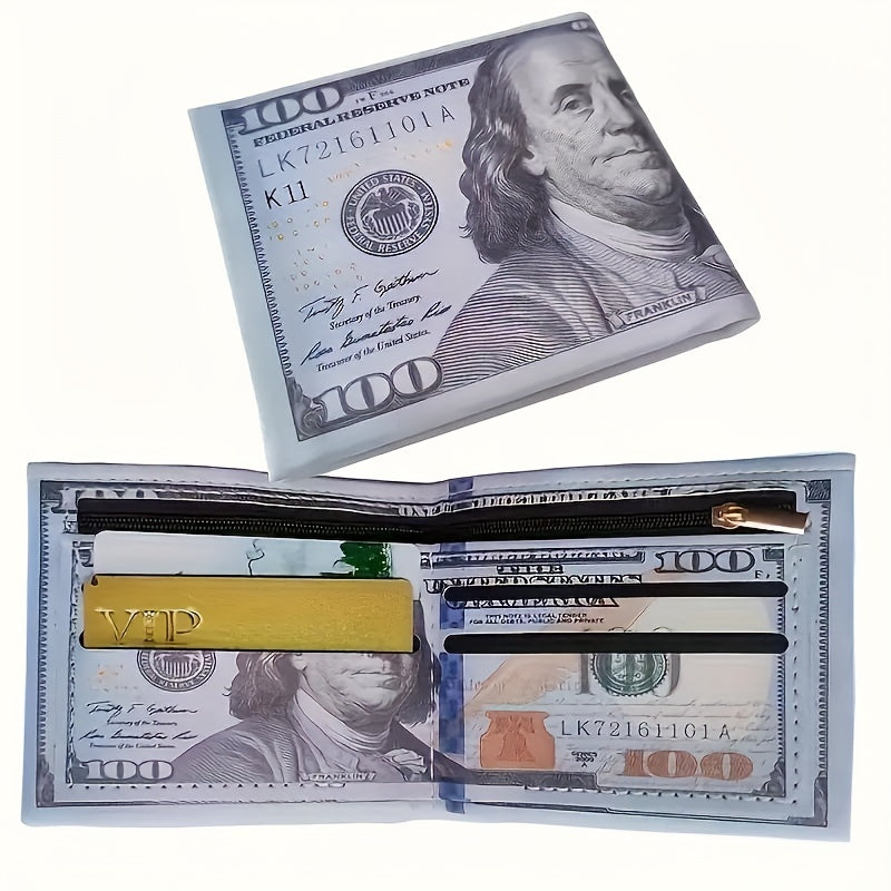 Retro dollar bill wallet with PU leather, credit card holder, zippered coin pouch, and foldable design for men.