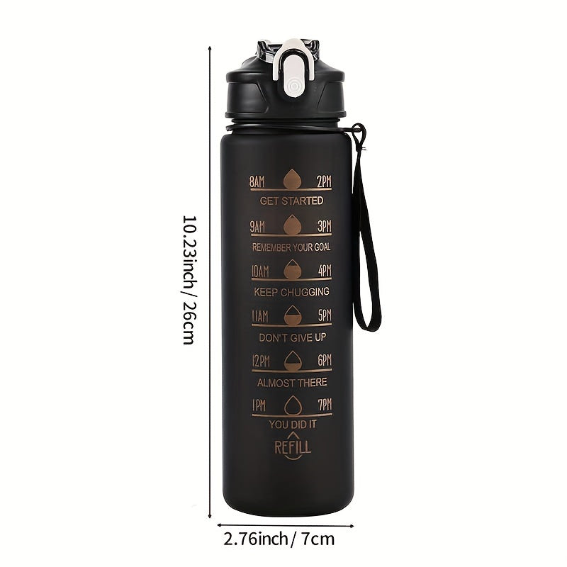 1pc Motivational 32oz/1L water bottle with time marker, portable rope, and straight design for outdoor gym, fitness, or as a gift.