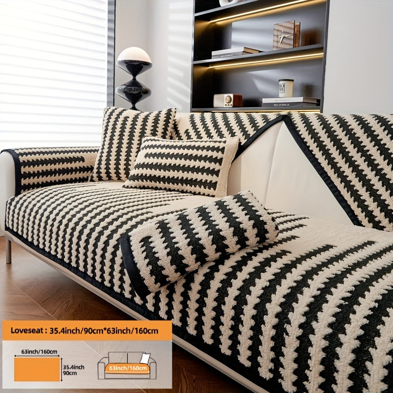 Modern Nordic-style sofa cover in black & white stripes, pet-friendly, anti-slip, ideal for 1-4 seater sofas in living room, bedroom, office.