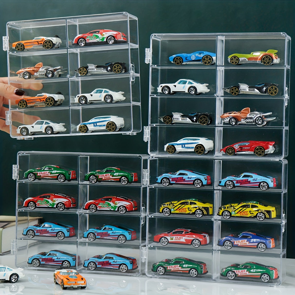 8-compartment toy car storage box with transparent organizer for alloy cars.