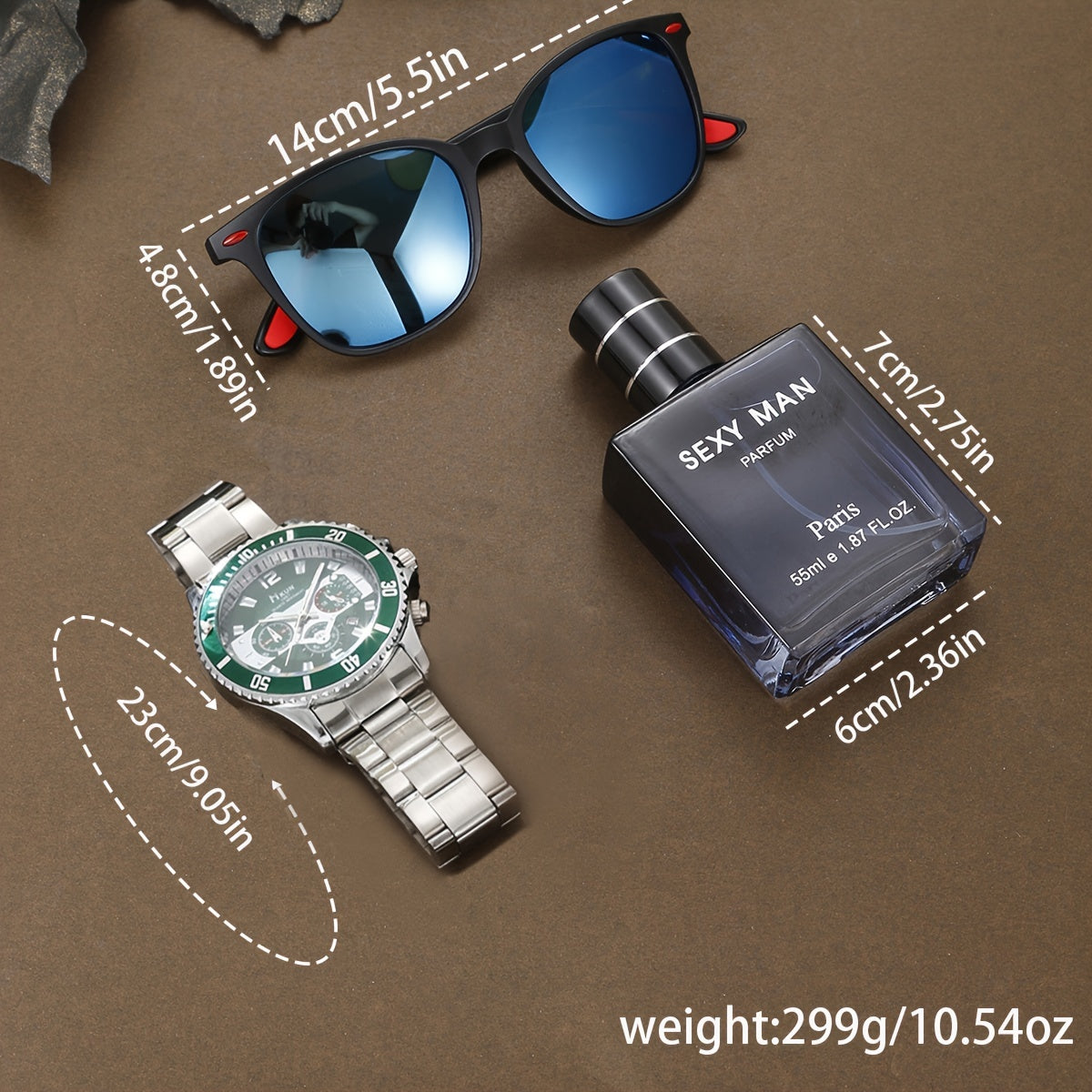 Trendy 3-piece men's gift set with watch, sunglasses, and perfume, ideal for holiday gifting.