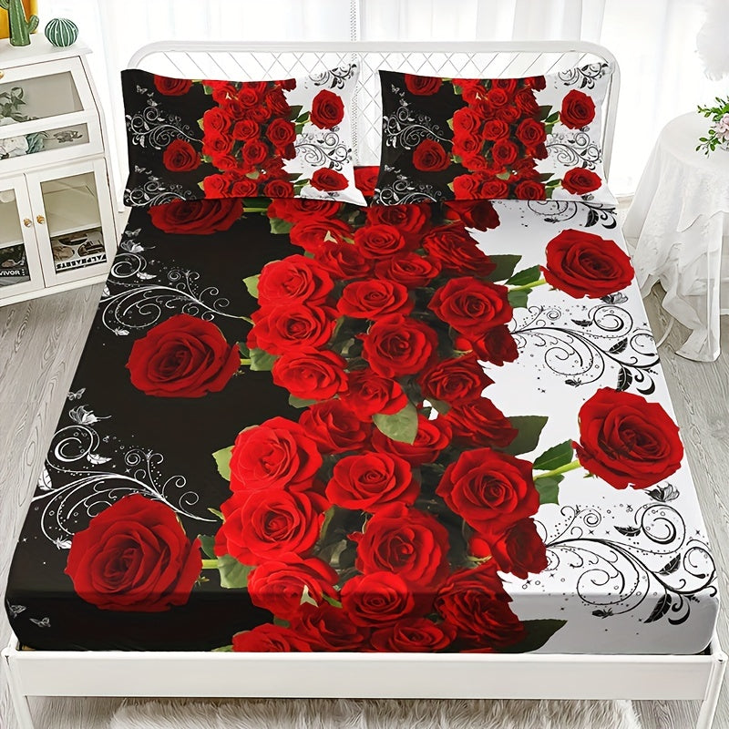 Set the mood with this romantic 3-piece Red Rose Print Fitted Sheet Set. Made from soft, breathable material, this bedding set will provide a comfortable night's sleep. Perfect for the bedroom or guest room, the set includes 1 fitted sheet and 2