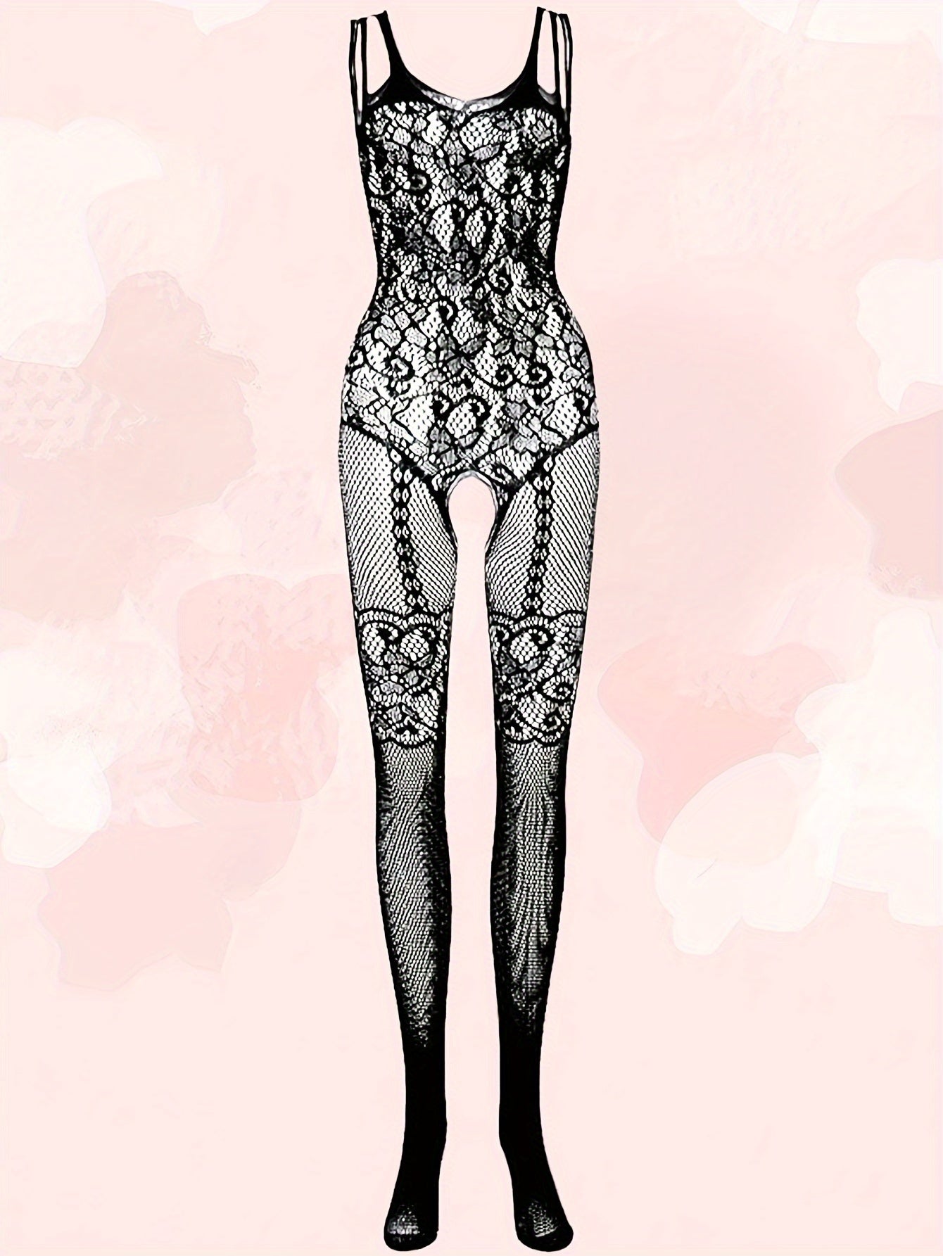 Women's fishnet lingerie set including bodysuit, tights, and stockings in a sexy lace design.