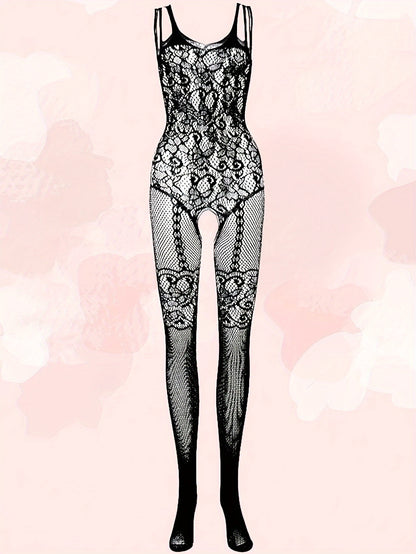 Women's fishnet lingerie set including bodysuit, tights, and stockings in a sexy lace design.