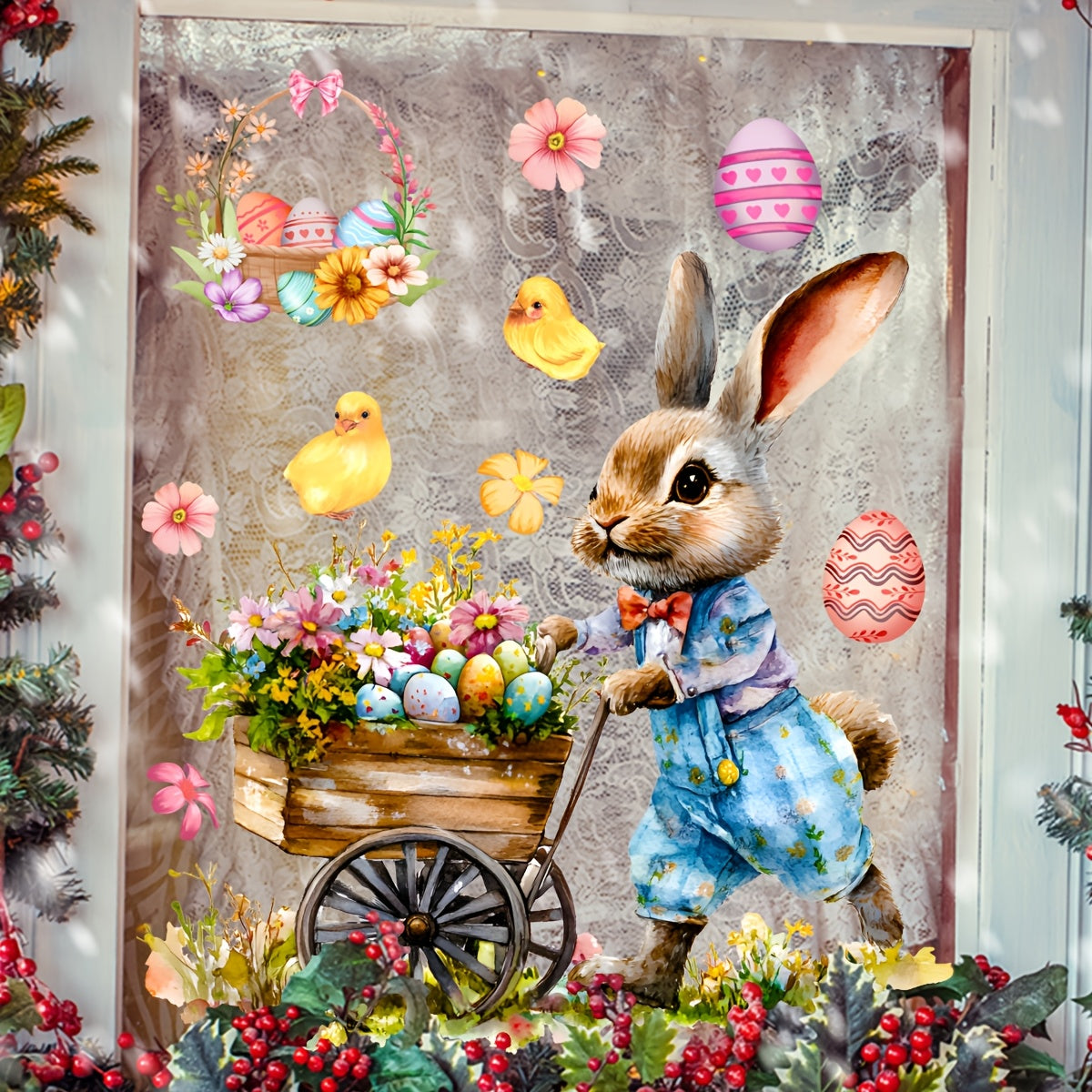 Window cling decal featuring an Easter Bunny and Chick in a basket - 30.48cm x 30.48cm size made of ultra-thin PVC. Self-adhesive with a festive floral egg design, perfect for decorating bedrooms and balconies.