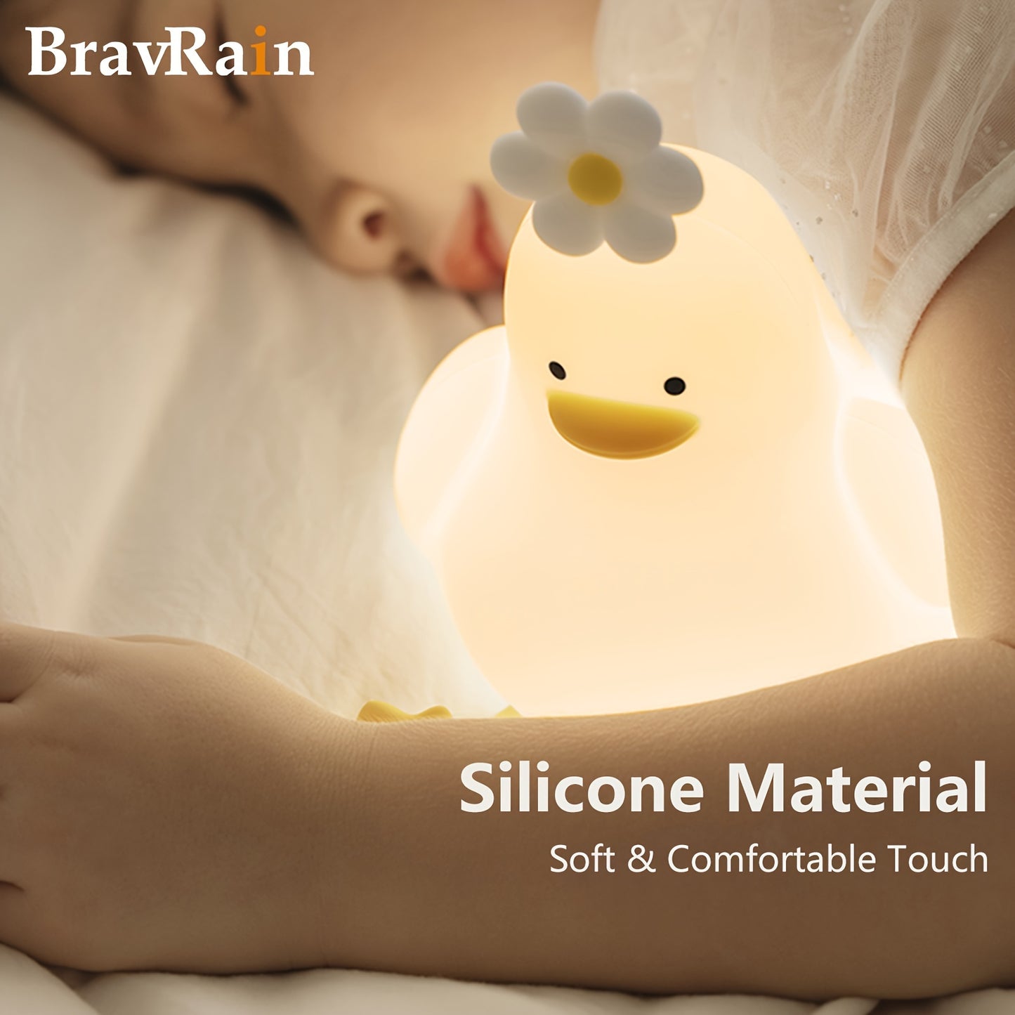 Silicone duck night light for bed with shooting control, adjustable brightness, USB powered - perfect gift for boys and girls on birthdays or Christmas.