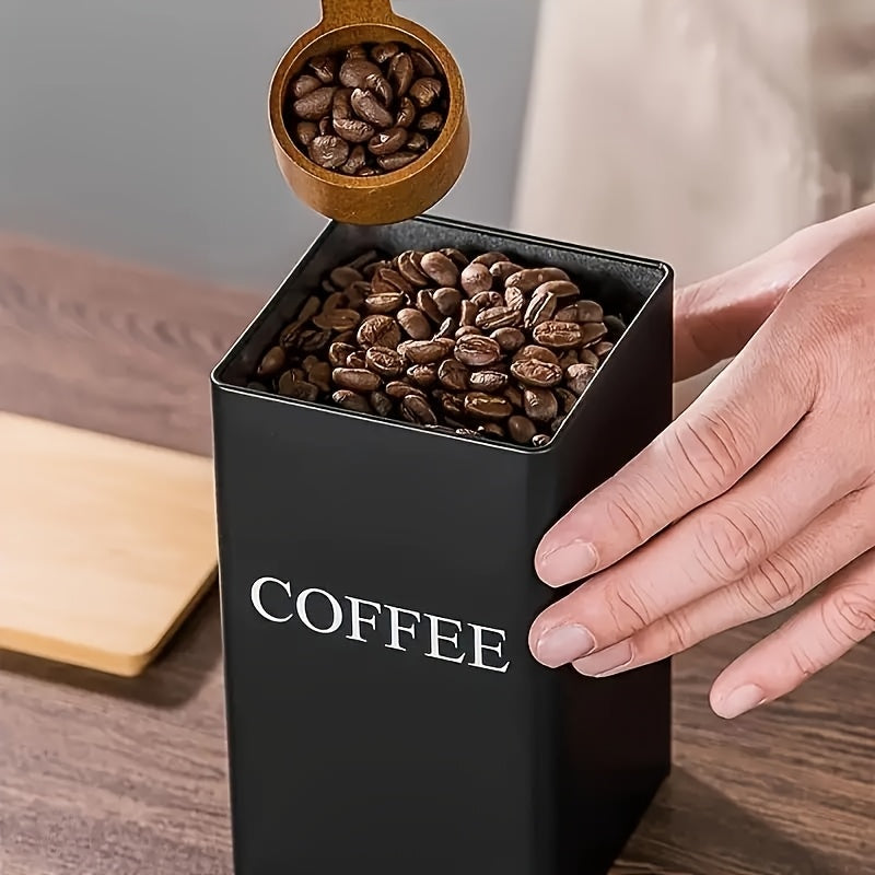 Set of 3 iron kitchen canisters with wooden lids. Washable, uncharged, engraved label storage containers for office and dining. White metal tea, coffee, sugar dispensers.