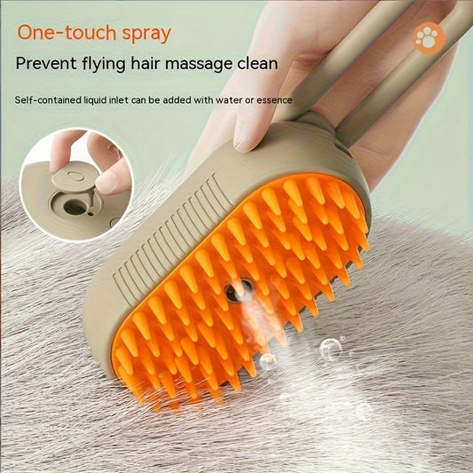 Pet grooming spray comb for cats that is easy to clean and removes loose fur without the need for a bath. Features massage and steam brush.