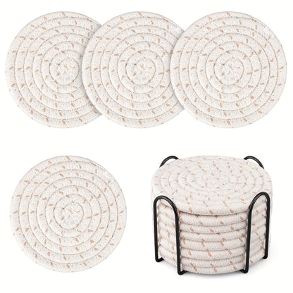 Set of 8 round cotton woven drink coasters with holder, absorbent and ideal for protecting dining tables and adding to home decor. Great housewarming gift.