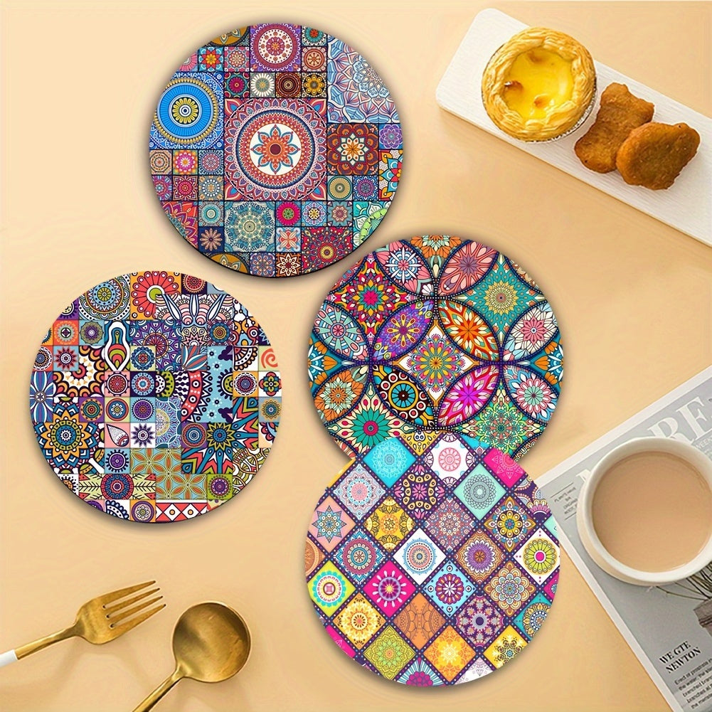 4 Mandala Wooden Placemats - Durable, Heat-Resistant, Non-Slip, Easy to Clean - Ideal for Home, Office, Party, and Festival