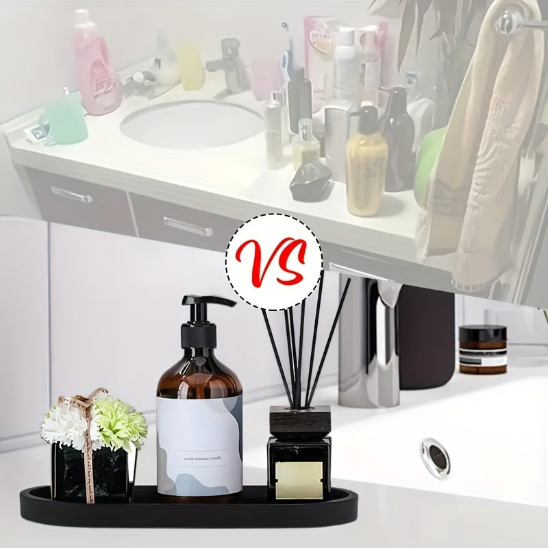 Silicone oval vanity tray with soap dispenser and sponge holder for bathroom décor.