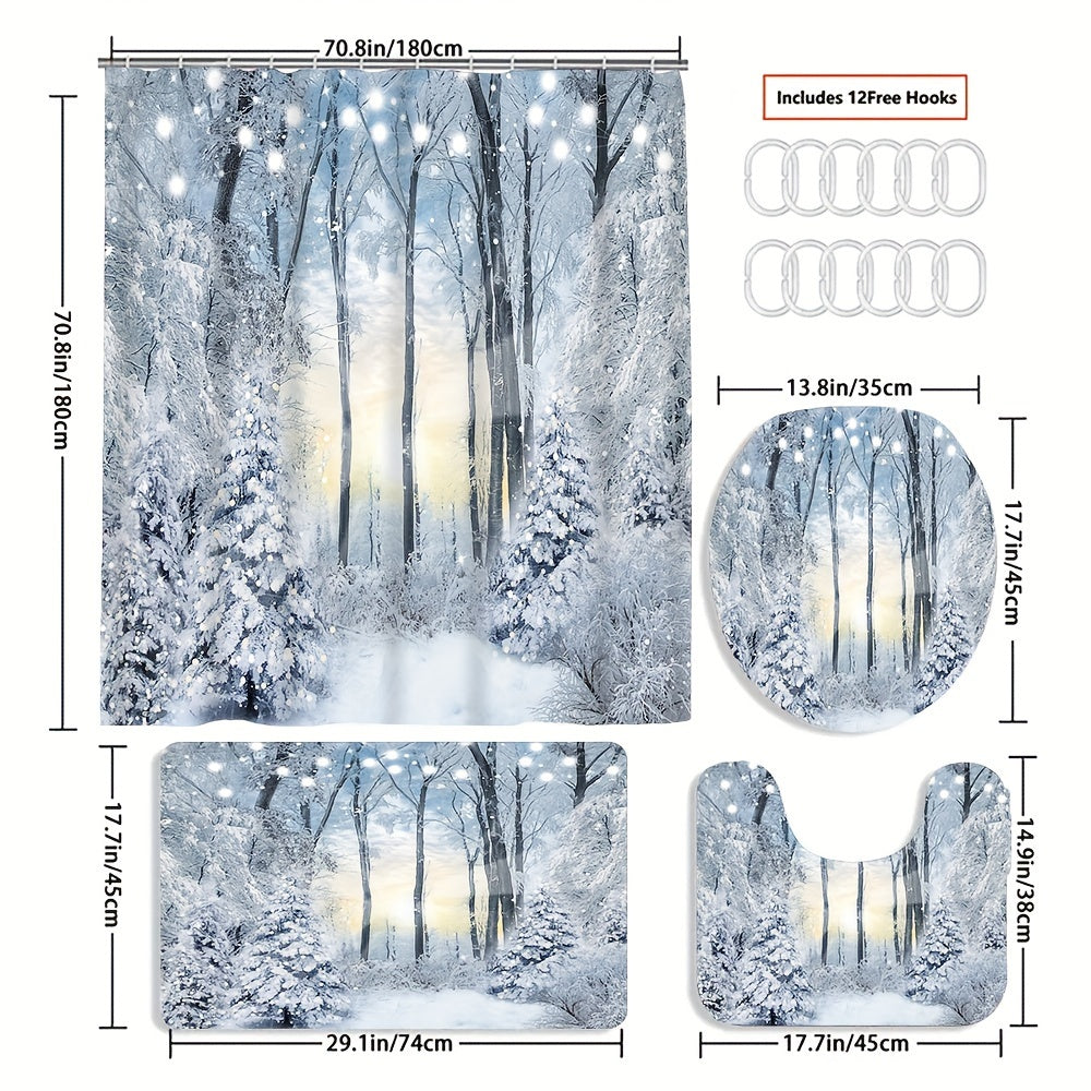 Winter snow scene shower curtain set includes waterproof curtain, floor mat, toilet seat cover, bathroom mat, 12 plastic hooks, and home decorations.