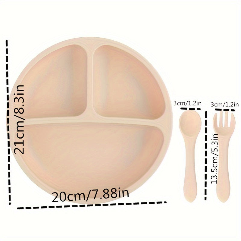 Children's set includes 3 pieces of silicone dinner plate, spoon, and fork. Made from food-grade silicone, the dinner plate has a non-slip suction cup for easy cleaning and high temperature resistance. Perfect for baby feeding, this set is a must-have