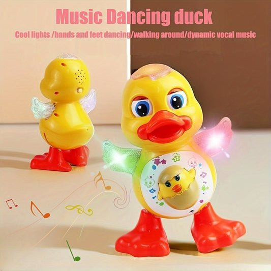 Electric Dancing Duck Toy features blinking lights, music, and adorable cartoon design – a fun interactive toy for kids, powered by batteries (not included). Makes a great gift for Christmas, Halloween, and any holiday season. Perfect for young children.