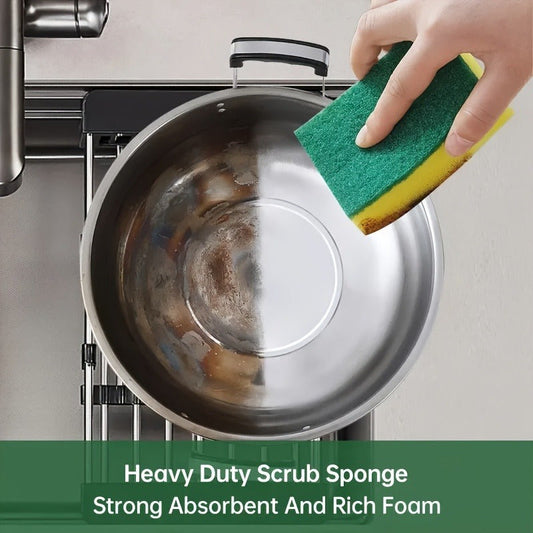 Super absorbent dishwashing sponge with spatula rust brush; kitchen grease cleaner and household tool. Multi-functional cleaning sponge with double-sided household cleaning scrubber. High-quality, durable, and non-scratching kitchen sponge.