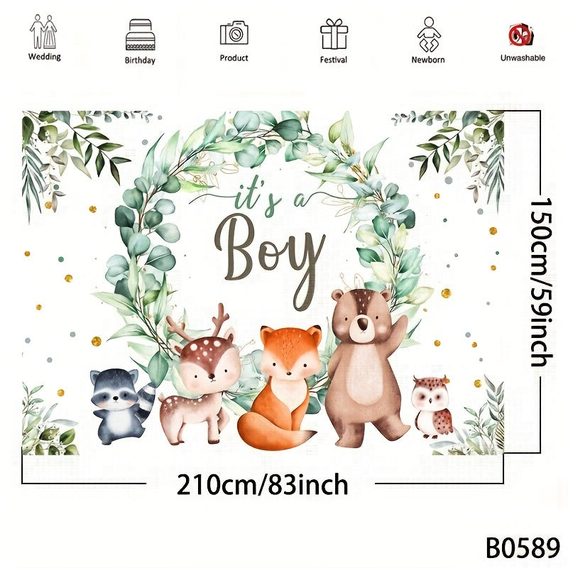 Woodland Baby Shower Background featuring green garland, fox, bear and wild animals for boy baby shower photography.