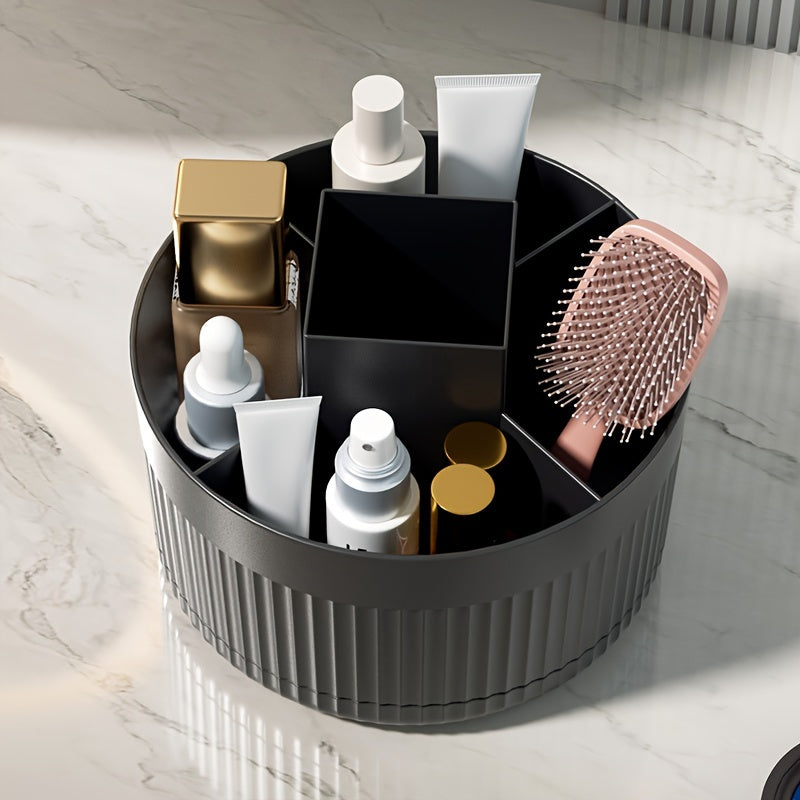 1pc Sleek Black Rotating Makeup Organizer with Large Capacity and 5 Compartments for Brushes, Skincare, and Beauty Essentials. Odorless Plastic Design ideal for Bedroom & Bathroom Decor.