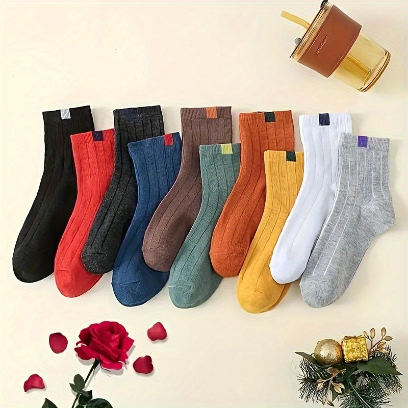 10 pairs of breathable striped mid-calf socks made from 100% polyester knit fabric for men and women.