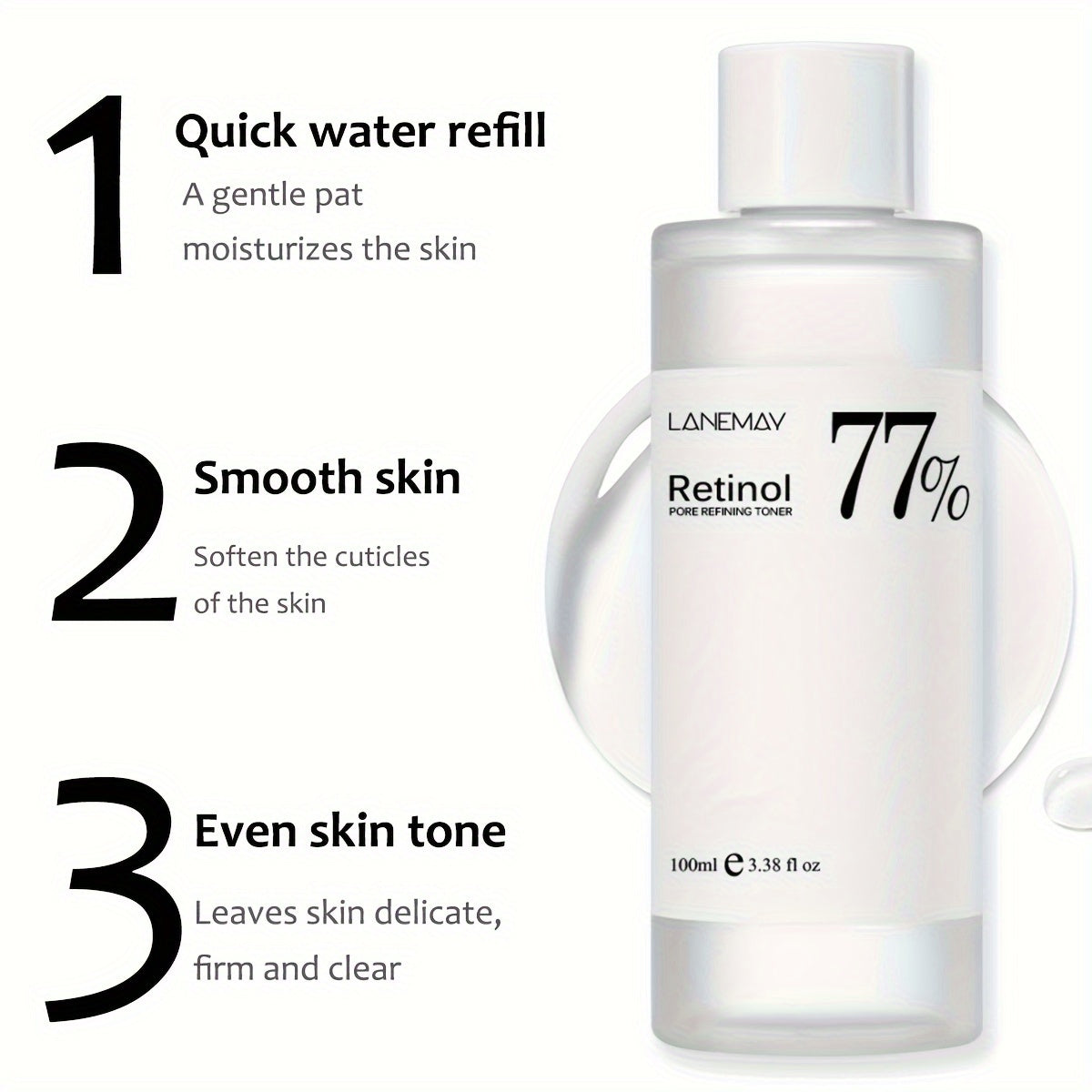 100ml of 77% Soothing Toner with Retinol for sensitive, dry, and aging skin, helps refine and exfoliate the face.