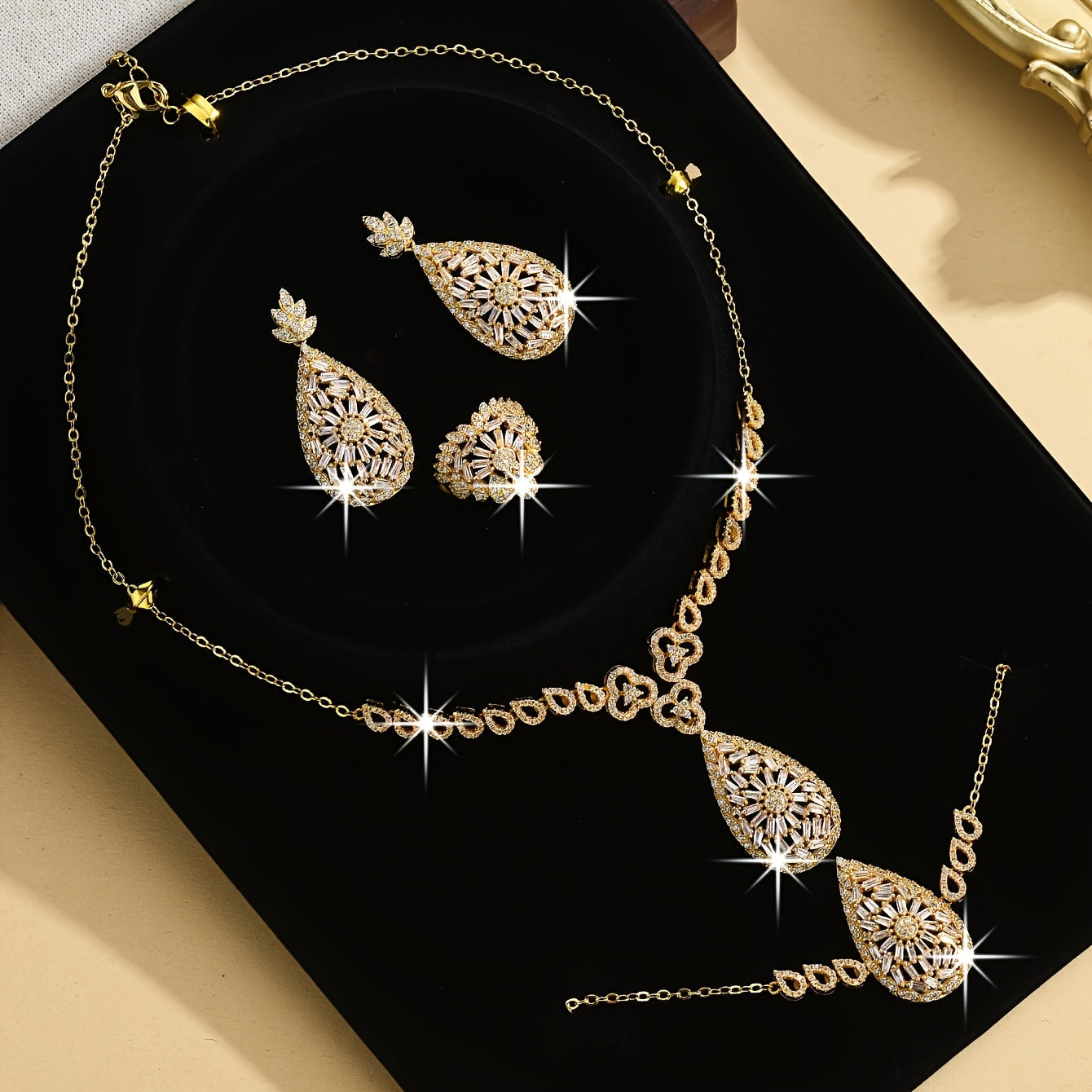 Exquisite Gold-Plated Teardrop Jewelry Set for Women - Featuring Necklace, Earrings, Bracelet, Ring - Ideal for Special Occasions and Everyday Wear, Includes 5 Pieces