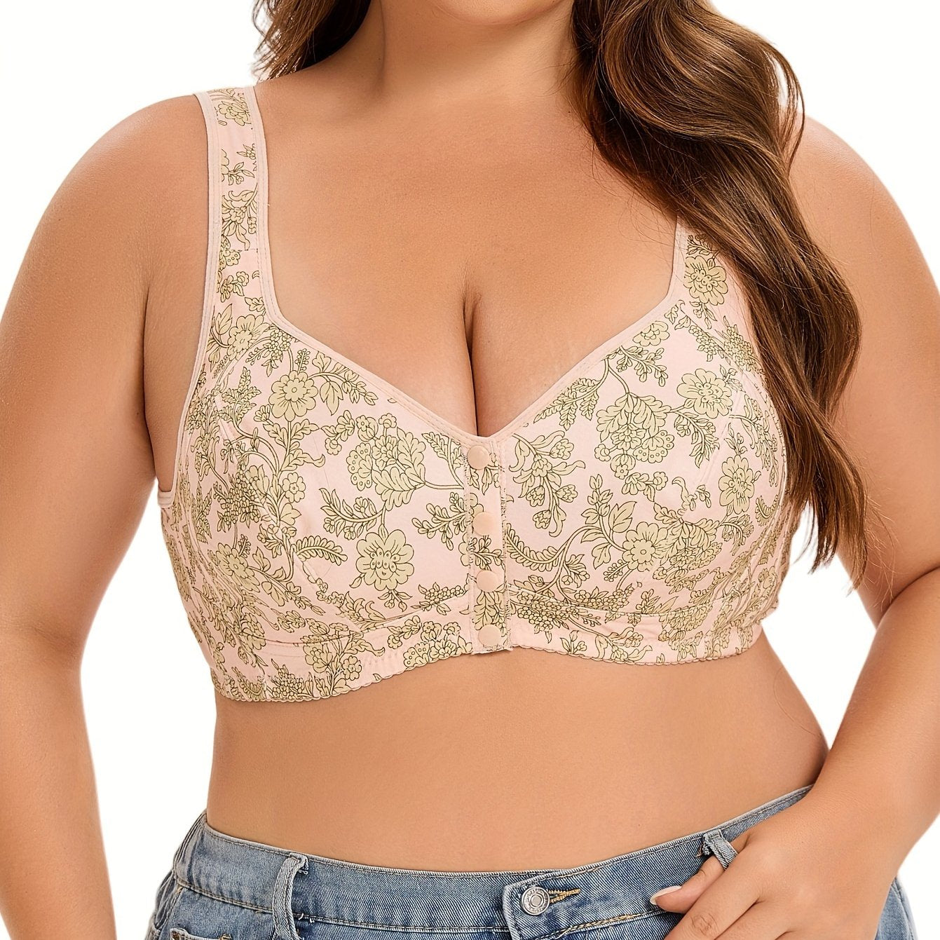 Floral polyester bralettes in plus size, wireless with front button and knit fabric, no padding, slight stretch, simple style, made of 95% polyester and 5% spandex.