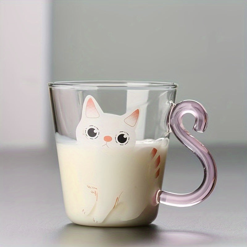 8.8oz Cute Cat Glass Mug made of high borosilicate glass, heat & cold resistant, reusable with animal print design for all beverages - handwash only.