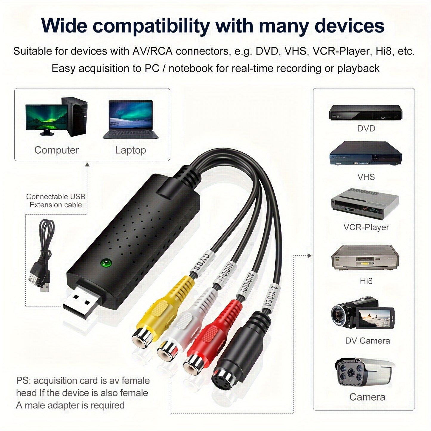 USB video capture card converts RCA to HD 720P for VHS, VCR, Hi8, DV tapes. Works with PC & Mac, PAL/NTSC compatible.