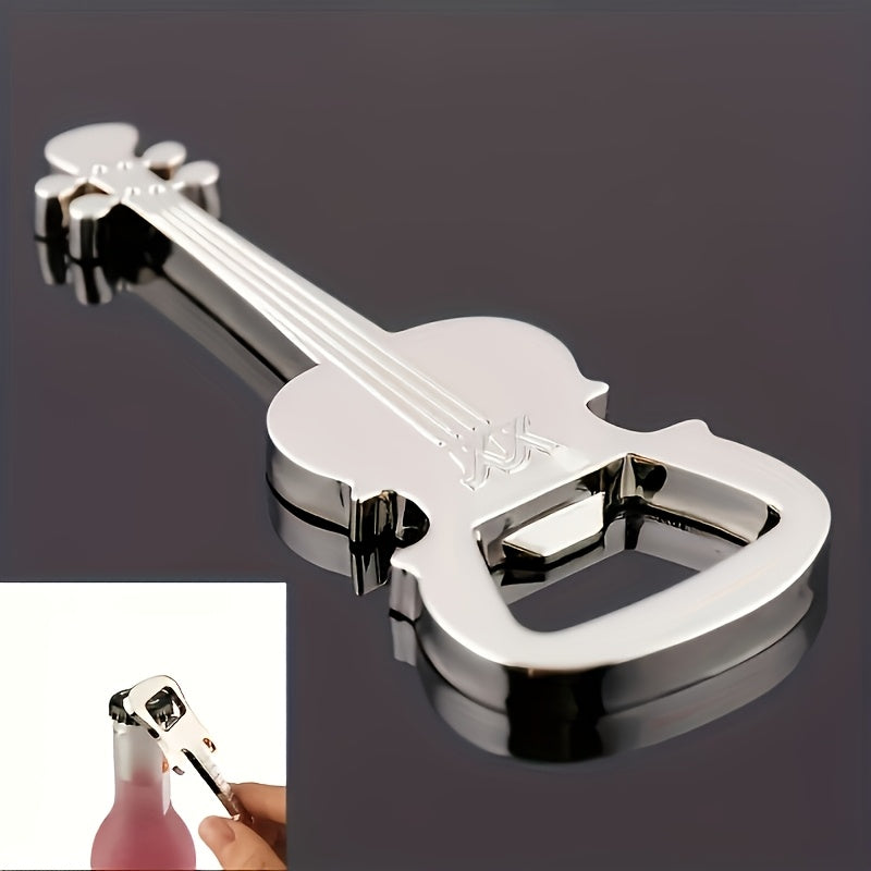 Silver guitar-shaped metal bottle opener, portable mini bar tool with keychain pendant, novelty musical instrument design, no power supply required.