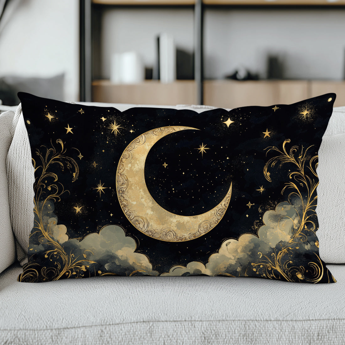 Contemporary crescent moon and stars print pillow cover, 30x50cm, made of soft peach skin velvet with zipper closure. Machine washable and suitable for various room types.