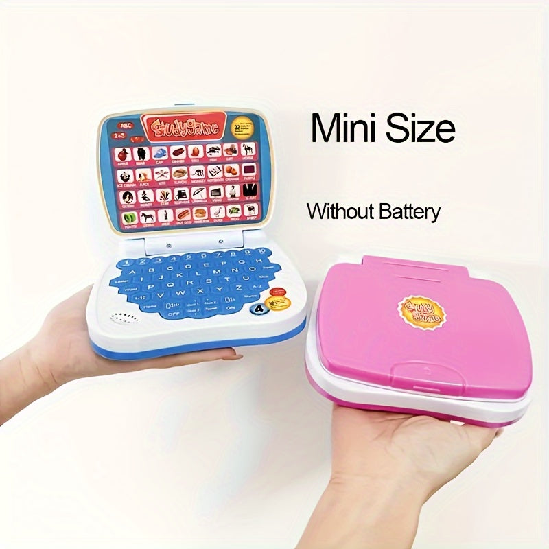 Mini laptop toy for kids - Educational and entertaining puzzle pad, easily portable, battery-free, available in pink or blue.