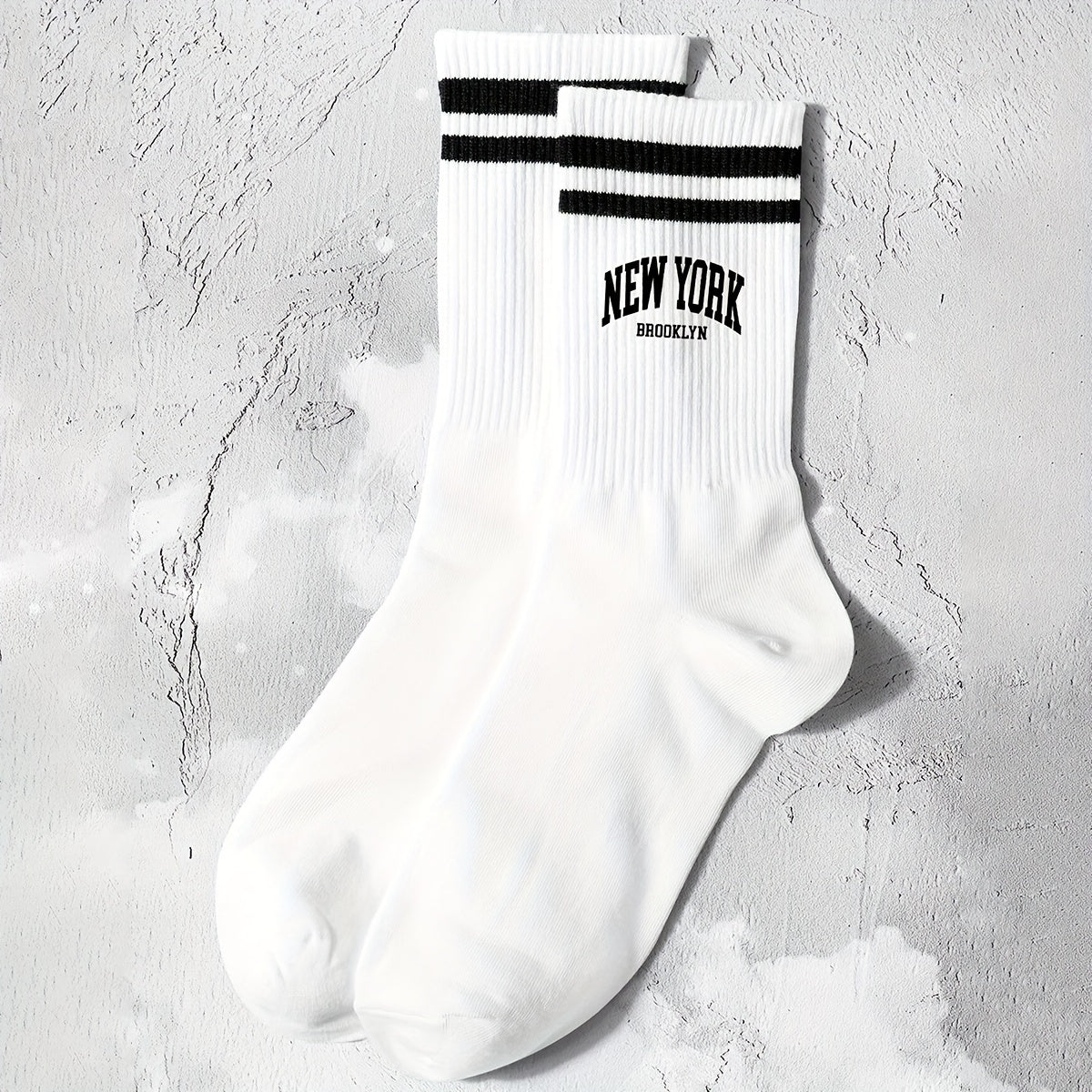 1 pair of casual mid tube socks with striped and letter print, versatile and comfy for both men and women.