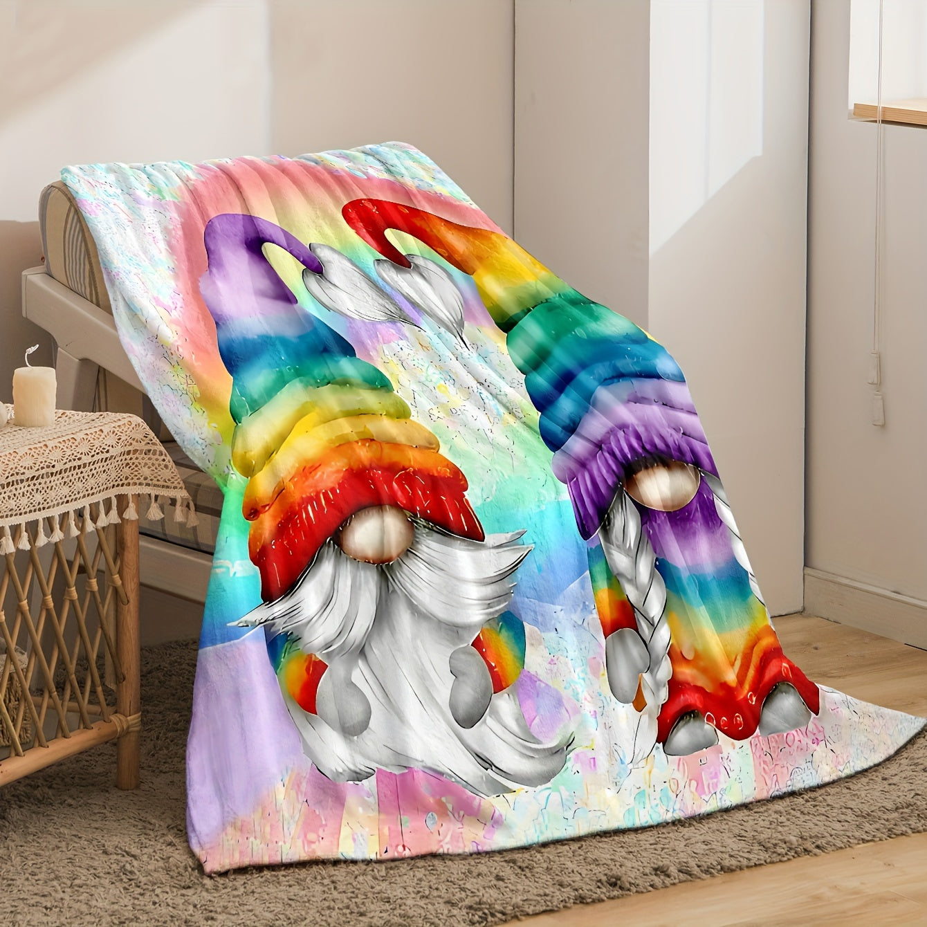 This cozy 1PC Contemporary Cartoon Gnome Throw Blanket is perfect for any sofa or bedroom. It is machine washable, stain resistant, and made of soft and warm knitted polyester. This decorative blanket can be used all year round and is ideal for travel