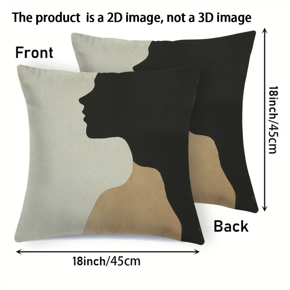 Set of 2 Contemporary Abstract Face Silhouette Pillow Cases, 45.72x45.72 cm, Made of Soft Flannel Fabric, Features Zipper Closure, Easy to Clean in the Washing Machine, Suitable for All Seasons, Perfect for Back Sleepers - Great for Decorating Living