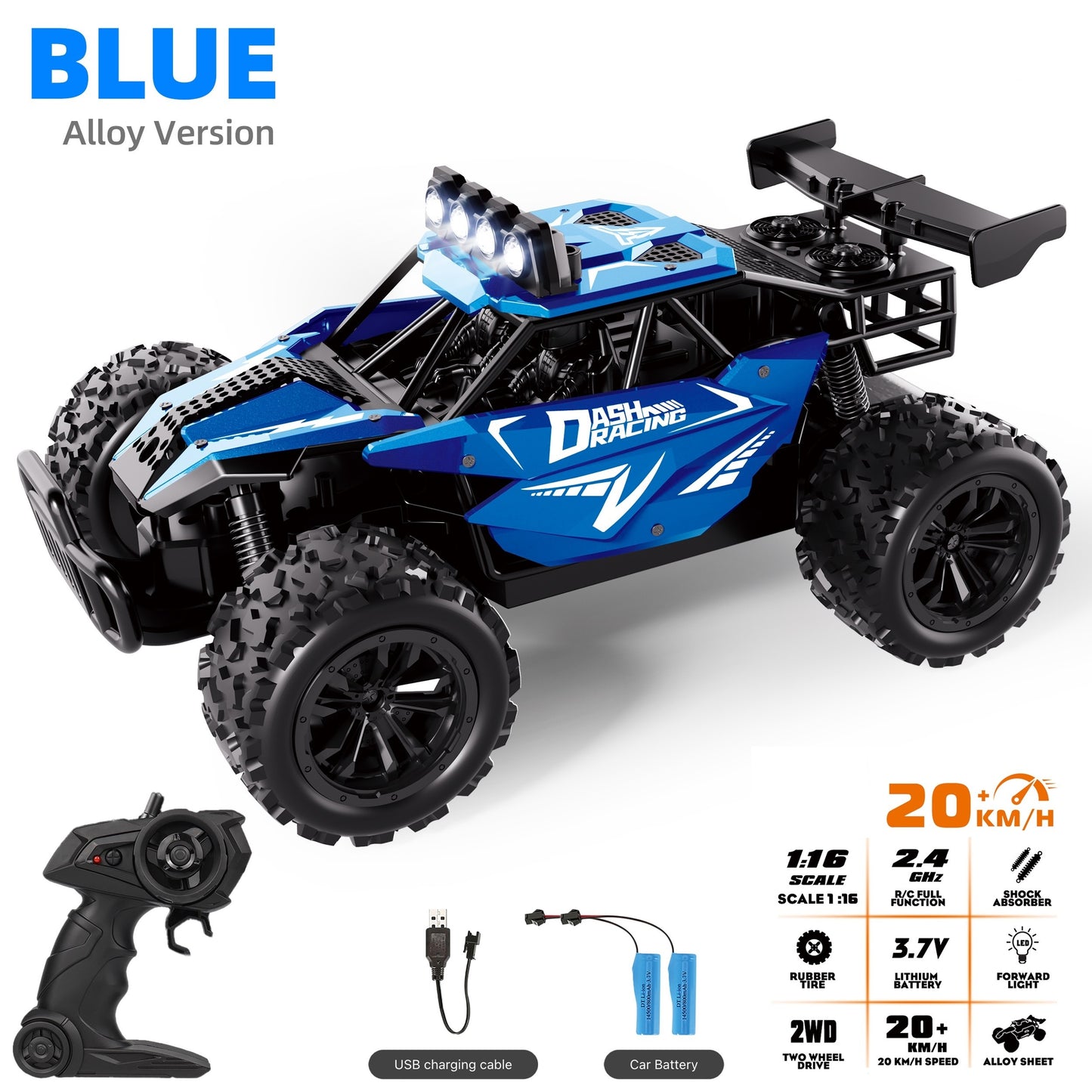 K.K 1:16 Scale High-Speed RC Truck with Alloy Body, Double Battery, and 20 km/h Speed. Includes 2.4G Remote Control in Blue & Black Design. Ideal Gift for Boys and Girls.