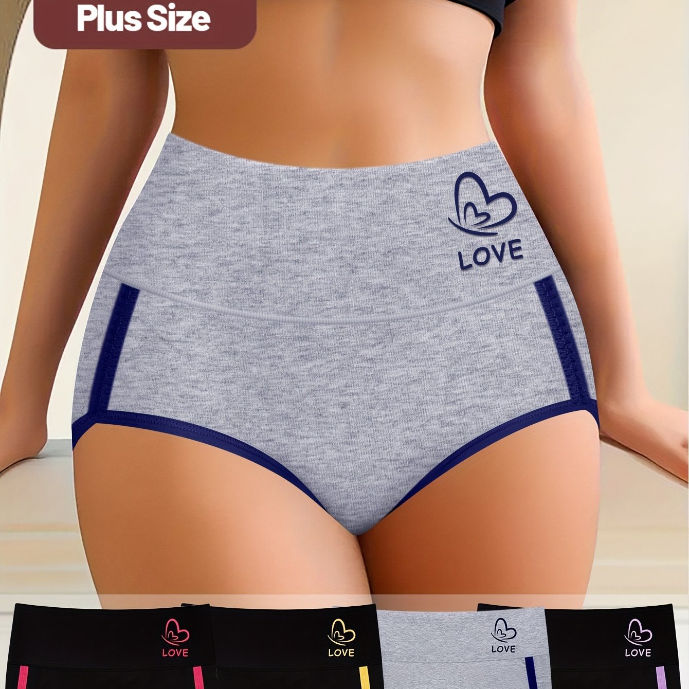 4pcs Plus Size Women's Panties - Comfortable mid-rise with tummy control and colorblock design, made from breathable polyester blend.