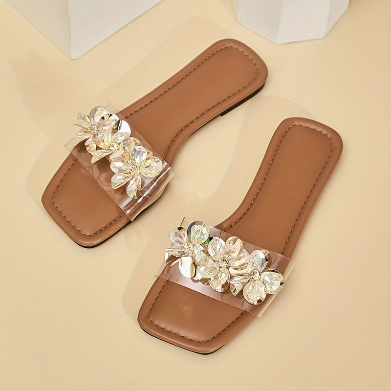 Women's Rhinestone Floral Sandals with Slip-On Transparent Band and Square Toe Flat Soft-Sole.