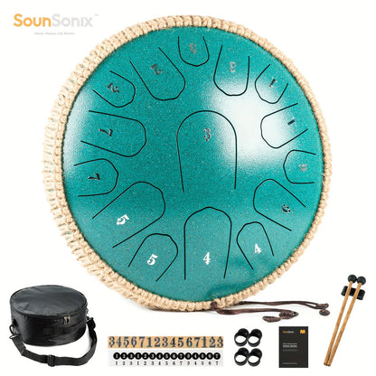 Steel Tongue Drum - 33.02 cm, 15 Notes, Hand Pan Drum with Music Book, Mallets, Carry Bag, D Major Eid Al-Adha Mubarak.