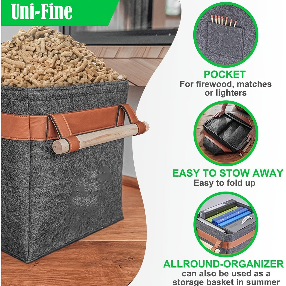 Durable Extra Thick Felt Firewood Carrier Basket Featuring a Strong Reinforced Handle - Convenient Portable and Foldable Wood Bag for Firewood, Newspaper, and Storage - Made with High-Quality Materials for Long-Lasting Construction