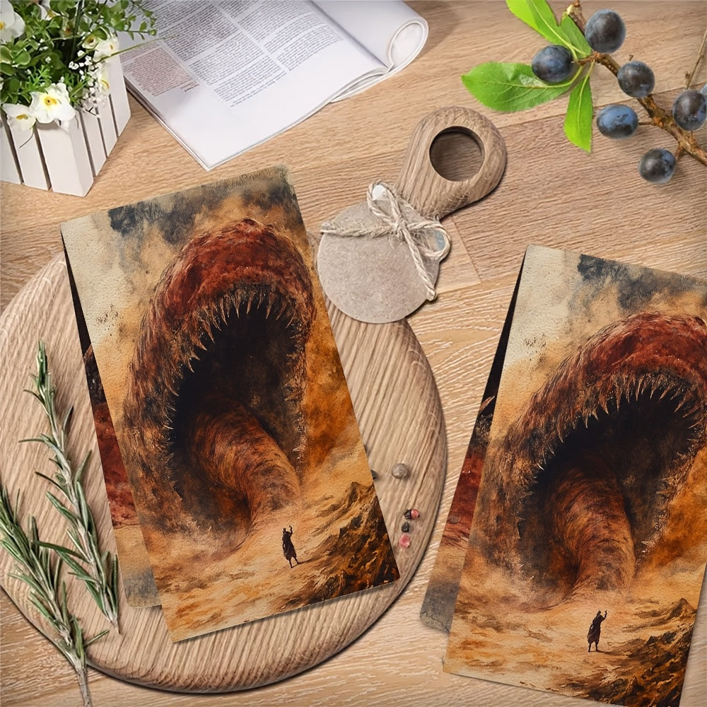 Set of 2 Ultra Soft Kitchen Towels featuring Shai Hulud The Sandworm Design. These highly absorbent and machine washable dish hand towels measure 40.64x60.96 cm. Perfect for holiday decor and everyday use.