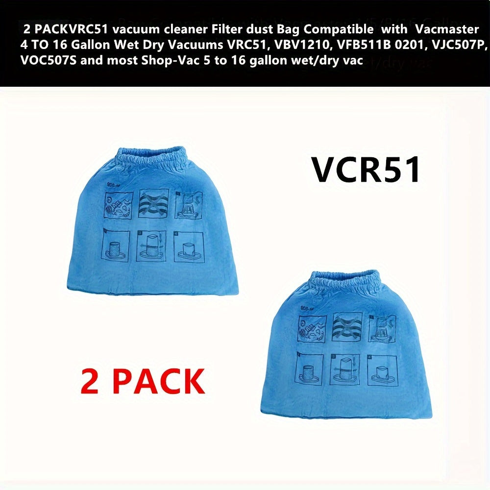 2 pieces of VRC51 Vacuum Cleaner Filter Dust Bags, designed to be compatible with Vacmaster wet/dry vacuums ranging from 15.14 to 60.57 liters and Shop-Vac models ranging from 18.93 to 60.57 liters. Made from high-quality non-woven cloth for efficient