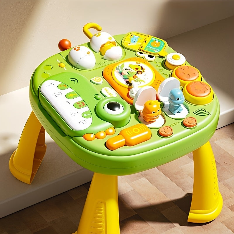 Green ABS plastic educational toy for kids featuring a detachable piano, interactive monkey character, and colorful display. Enhances cognitive development and promotes creative play.