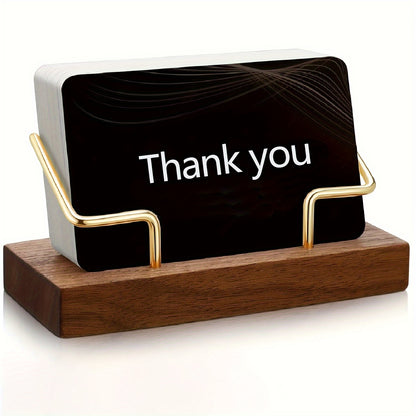 Walnut wood business card holder for desk display and organization.