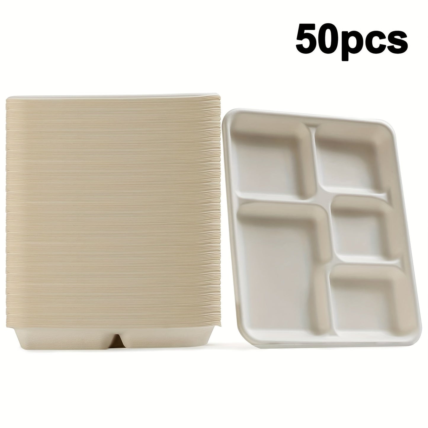 EcoChoice offers a 50-Pack of Compostable Dinner Plates with 5 Compartments, made from Biodegradable Sugarcane Fiber. These Rectangular Trays are perfect for Parties, Picnics, BBQs, and Kitchen Supplies.