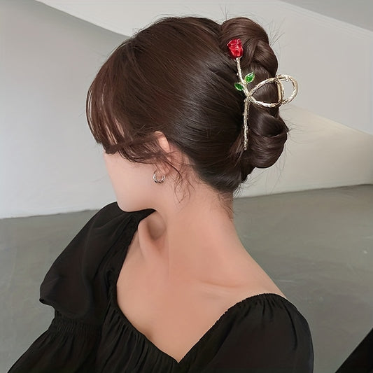 Elegant hair claw clip with rose and lily flower design, non-slip for daily wear or parties, versatile and color-preserving hair accessory for women and girls.