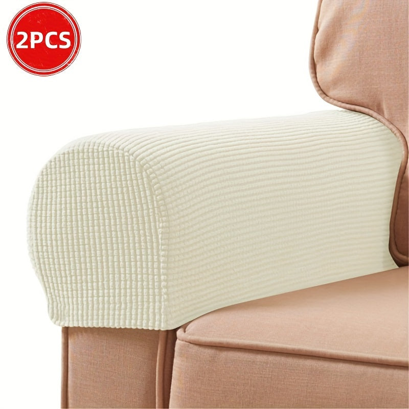 2 Stretch Armrest Covers made of durable spandex blend with plush texture. Scratch & dust resistant, and machine washable. Fits single to four-seater sofas & recliners in various colors.