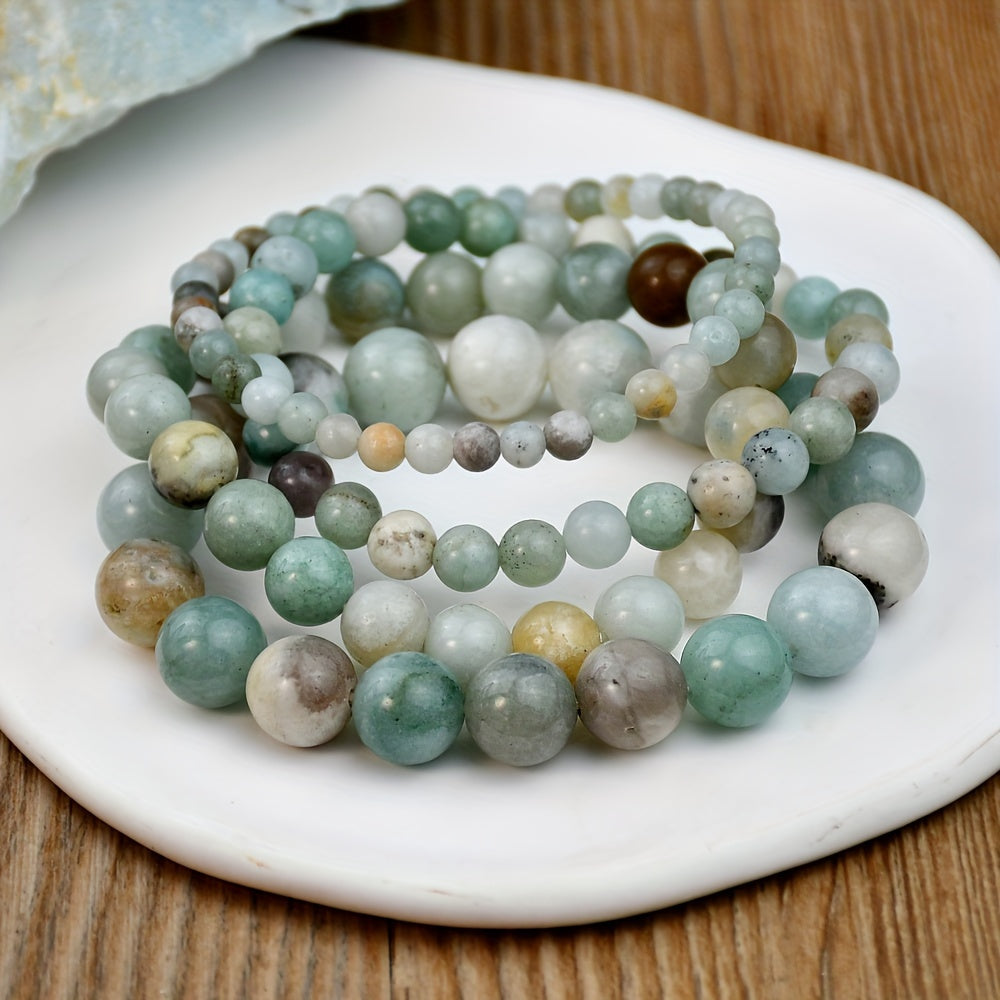 Set of 4 Bracelets made with Natural Amazonite Beads, Perfect for Boho Vacation Style, Ideal for May Birthdays, Unplated, Great for Everyday and St. Patrick's Day Wear